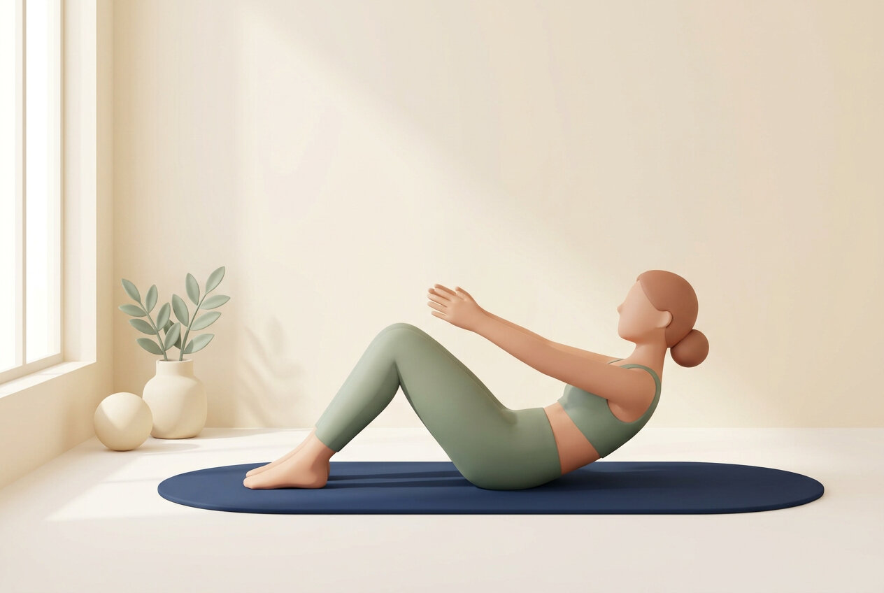 Ilustración de una mujer haciendo un roll-up de pilates suelo sobre una esterilla azul marino