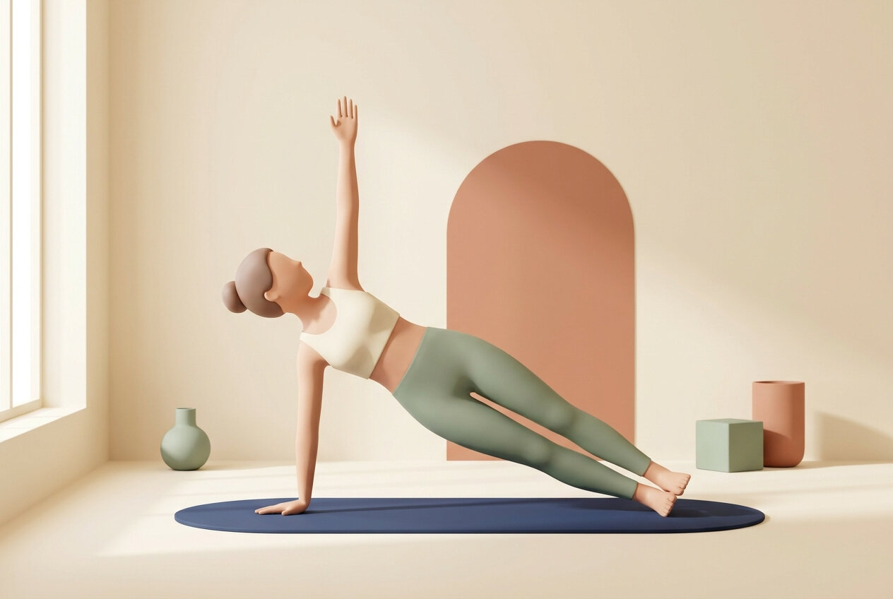Ilustración de una mujer en plancha lateral sobre una esterilla azul marino en una clase de pilates suelo
